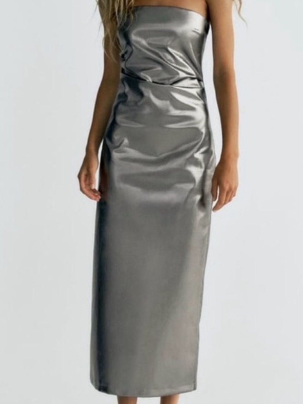 Zara Metallic Silver Strapless Midi Dress